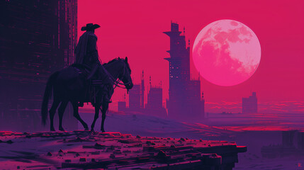 A lone cowboy on horseback gazes at a futuristic city under a large full moon in a vibrant pink sky