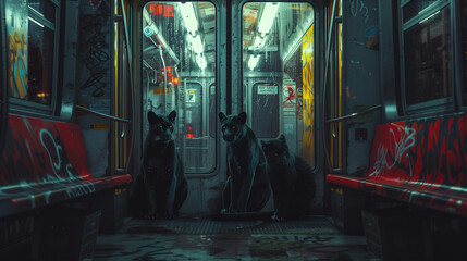 Three panthers in a graffiti-covered, abandoned subway car with dramatic lighting and reflections