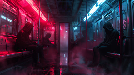 Hooded figures sitting in a dark, neon-lit subway car, creating an eerie and mysterious atmosphere