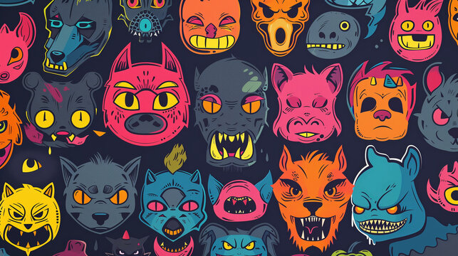 Colorful cartoon monster faces pattern on a dark background featuring various expressive and quirky characters