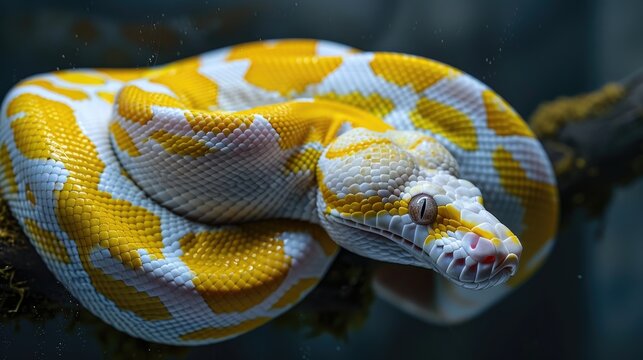 Python with yellow and white coloring against dark backdrop