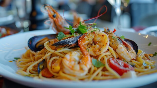 a gourmet seafood pasta with intricately arranged seafood and artistic garnish, looking like a culinary masterpiece