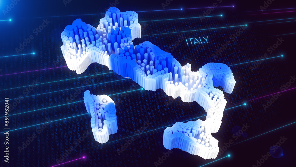 Poster 3d perspective view of blue and white dynamic hexagonal prism rippling italy map and text with hud g