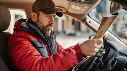 Delivery driver utilizing gps navigation system in vehicle for efficient route planning