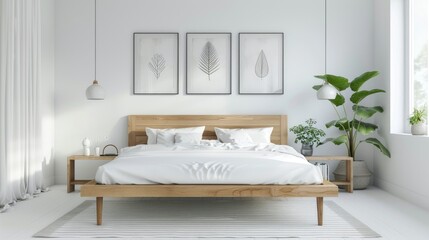 Simple wooden bed and botanic prints in minimalist interior