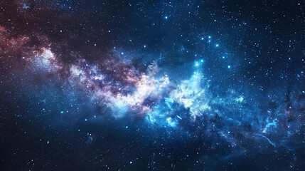 Horizontal background banner featuring a night starry sky and bright blue galaxy, depicting a serene cosmic scene.