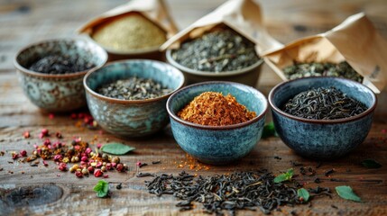 tea display, ceramic bowls on wooden surface overflow with herbal tea bags and loose leaves, inviting and cozy vibe, perfect for adding your own text