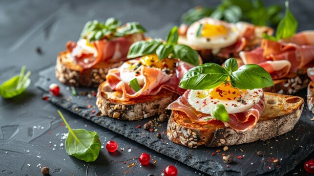 elevated breakfast toasts, slate board adorned with gourmet breakfast toasts, featuring prosciutto, mozzarella, and basil a delectable and sophisticated morning meal option with room for text