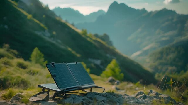 A closeup shot of a compact foldable solar panel attached to a portable workstation with a beautiful mountain landscape in the background.