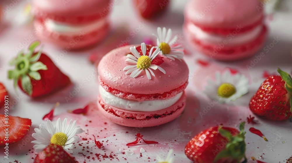 Sticker strawberry macaron dessert with chamomile flowers for special occasions