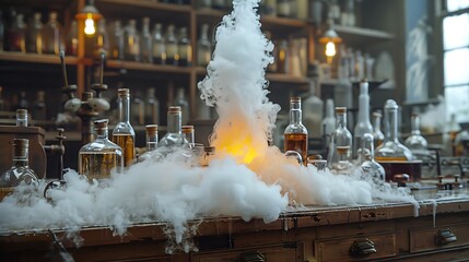 Smoky reaction in a hyper realistic chemistry lab demonstrating the dilute mixture of organic compounds