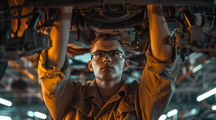 The mechanic is repairing the car under it, holding tools in his hands and wearing glasses