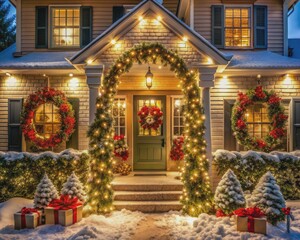 Warm and inviting festive house exterior adorned with twinkling garland lights, wreaths, and bows, evoking a magical holiday atmosphere, perfect for Christmas and New Year celebrations.