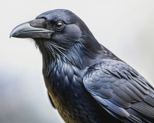 Isolated black crow with sleek feathers and piercing gaze perched on invisible surface, creating a stunning high-contrast image against a transparent background.
