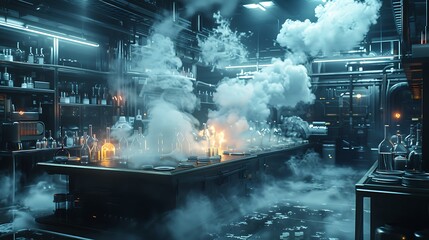 Smoky reaction in a futuristic chemistry lab showcasing the mixture of organic compounds with hyper realistic and vibrant visuals in a hightech setting