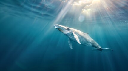 Obraz premium A majestic whale swimming gracefully underwater with light rays illuminating the scene in the deep blue ocean.