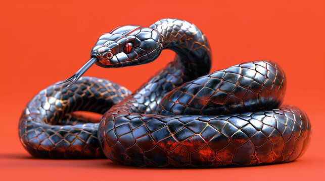 A sculpture of a shiny dark metal snake on a bright red isolated background