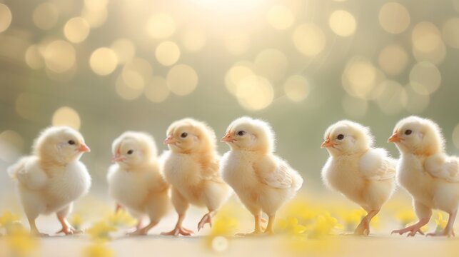 A row of six fluffy yellow chicks on a soft focus background with warm lighting, creating a cute and heartwarming scene.