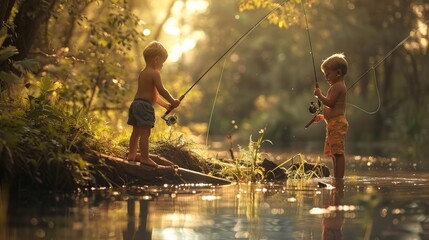 Two young boys are engaged in fishing on a serene river bank during a sunny day, depicting childhood happiness, friendship, and the joy of simple outdoor activities.