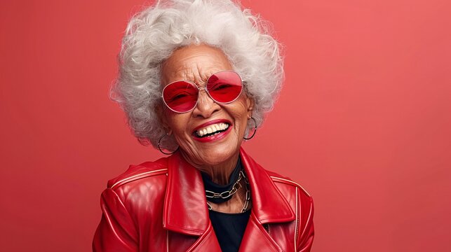Fashionable senior wearing a red leather outfit with bold accessories and a joyful expression in a studio setting Stock Photo with copy space
