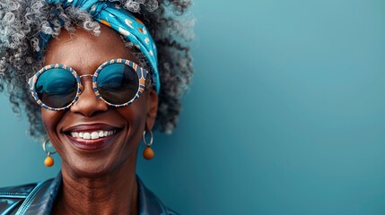 Vibrant senior wearing a blue leather outfit and bold accessories exuding happiness in a studio setting Stock Photo with copy space