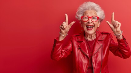 Cheerful elderly person in a red leather outfit accessorized with stylish glasses rings and necklaces showcasing their joyful spirit Stock Photo with copy space