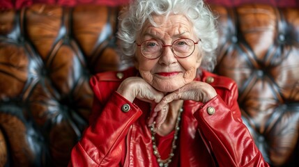 Cheerful elderly person in a red leather outfit accessorized with stylish glasses rings and necklaces showcasing their joyful spirit Stock Photo with copy space