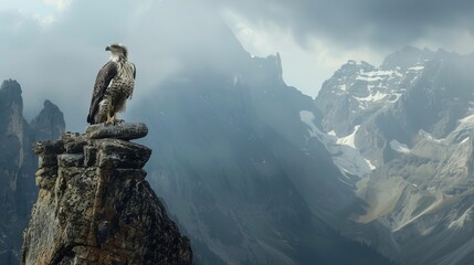 An eagle surveys a vast, awe-inspiring landscape from its rocky perch, surrounded by rugged mountains and shrouded in a mystical, atmospheric mist adding to its grandeur.