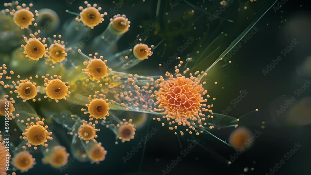 Poster a magnified image of a of cilia resembling tiny hairs propelling a single cell through a fluid mediu