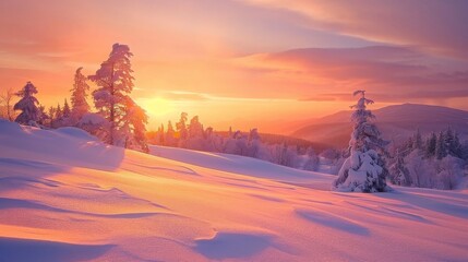 Snow-covered landscape with a warm, orange sunset