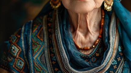 Stylish elderly Asian person wearing a modernized traditional outfit with intricate designs posing in a high detail studio shot Stock Photo with copy space