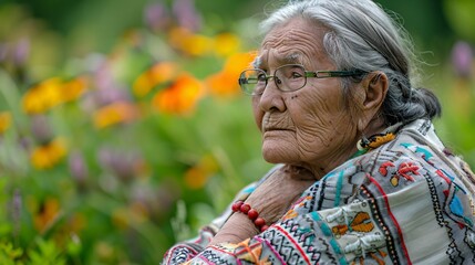 Elderly American individual in a stylish modern version of traditional clothing blending culture and contemporary design captured in high detail Stock Photo with copy space