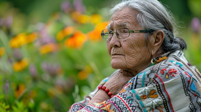 Elderly American individual in a stylish modern version of traditional clothing blending culture and contemporary design captured in high detail Stock Photo with copy space