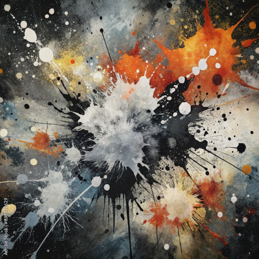 Poster abstract black and white paint splatters on a textured background, creating a dynamic and expressive