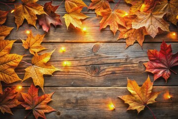 Vibrant orange leaves and golden light create a warm and cozy atmosphere on a rustic wooden background with ample copy space for inspirational fall greetings.
