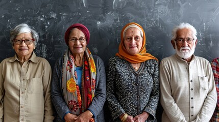 Group portrait of elderly individuals from various ethnic backgrounds each wearing stylish modern versions of traditional attire in a studio Stock Photo with copy space