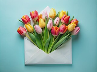 Vibrant tulips bursting from a white paper envelope on a soft light blue background, symbolizing love and gratitude, perfect for women's day or mother's day celebrations.