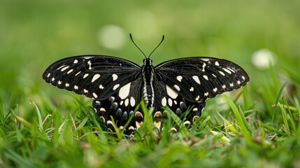 Large butterfly from Southeast Asia resting on grass with green background