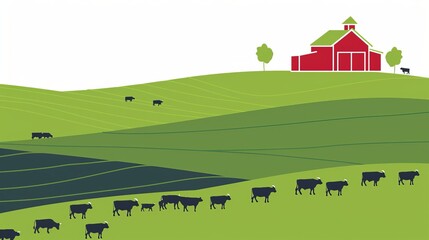 A stylized and simplified illustration of a red barn nestled among green hills, with black cattle grazing in linear patterns, evoking a sense of organized pastoral life.