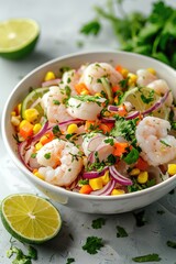 A crisp photograph of a Peruvian ceviche with fresh fish, lime, red onions, and cilantro, refreshing and tangy, top-down view.