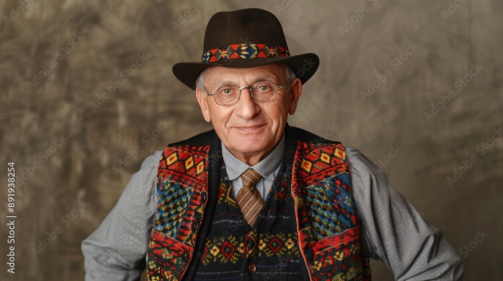 Wall mural senior european individual in a vibrant modernized traditional outfit captured in high detail posing