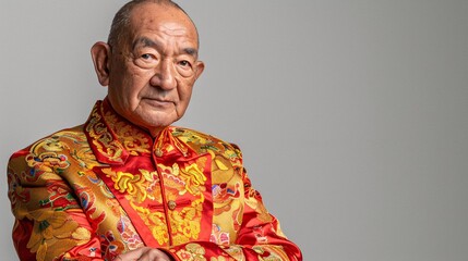 Obraz premium Fashionable elderly Asian person in a tailored contemporary outfit with traditional designs posing elegantly in a high detail studio shot Stock Photo with copy space