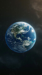 Fototapeta premium The image features a stunning view of Earth from space, showcasing the planet's vibrant blue oceans, swirling clouds, and diverse landscapes against the blackness of space