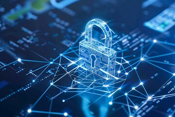 Blue background with digital padlock, network connection icon, data protection for business security,