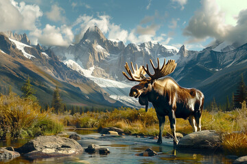 A majestic moose stands in a natural landscape with snow-capped mountains in the background