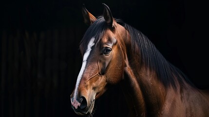 Obraz premium A detailed and vibrant close-up photograph of a beautiful brown horse with a distinctive white stripe running down its forehead, captured in a serene moment against a dark background.