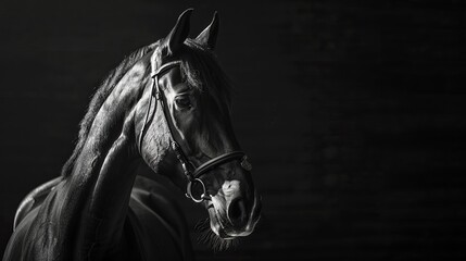 A refined monochrome image of an elegant black horse wearing a bridle, presenting a strong and dignified stance with detailed shadows enhancing its majestic appearance.