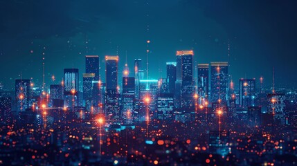 urban innovation, cityscape featuring modern office buildings with technology icons, an innovative banner designed for contemporary businesses in downtown area