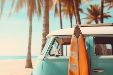 Vintage bus with surfboard at the beach with sea and blue sky on background. Blue camper van for travel.  Surfing time, extreme sport. Summer vacation. Retro backdrop for banner, poster, wallpaper