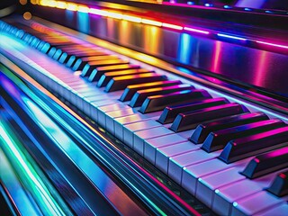 Vibrant neon lights illuminate the sleek, shiny keys of an electric piano, casting a mesmerizing glow on the surrounding darkness, evoking a sense of electronic elegance.